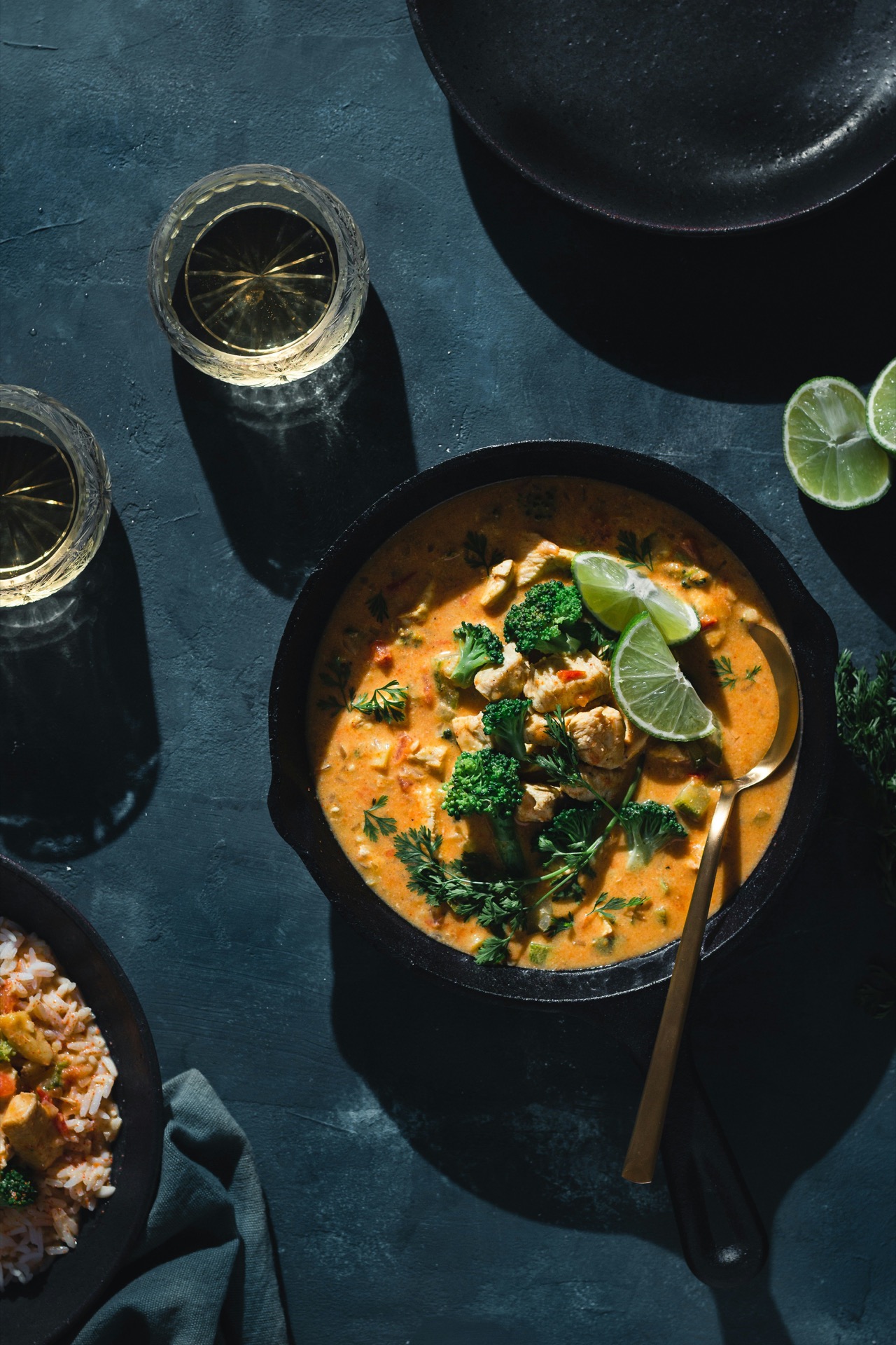 Black ceramic bowl of dal soup